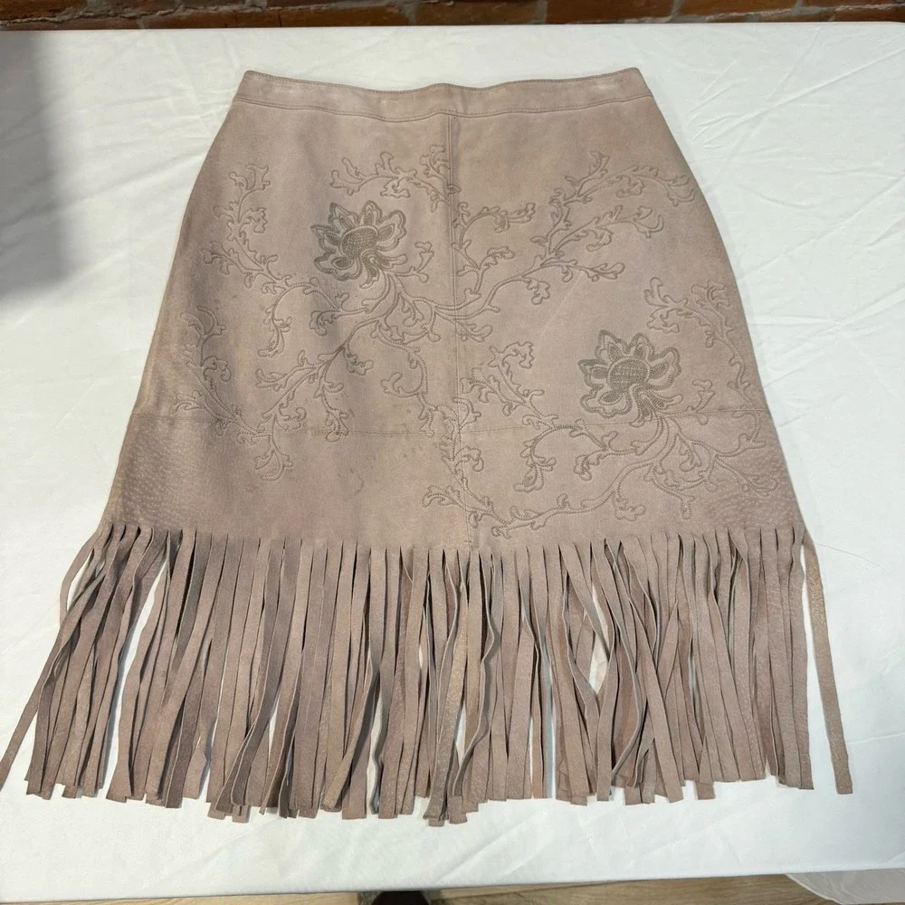 Lili Le Rose Collection Leather Fringe Skirt Floral Embroidery‎ Size 12